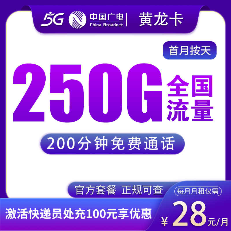 广电黄龙卡28元250G+200分钟【发全国】